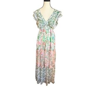 House of Harlow 1960 Pink & Green Floral Tiered Maxi Dress Cottagecore Size S